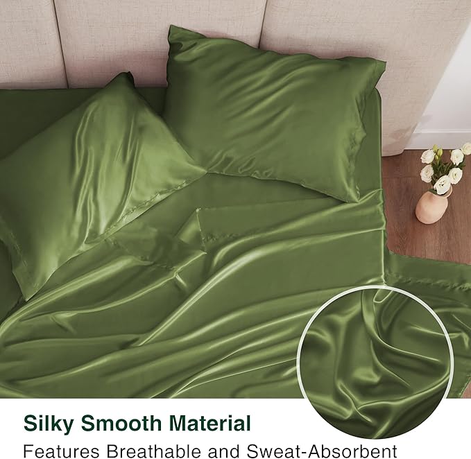 Love's cabin Twin Satin Sheets Sets - 3 Piece Sage Silky Bed Sheets with Deep Pockets, Luxury Silk Feel Satin Twin Size Sheet Set Bedding Set (1 Flat Sheet,1 Fitted Sheet,1 Pillow case)