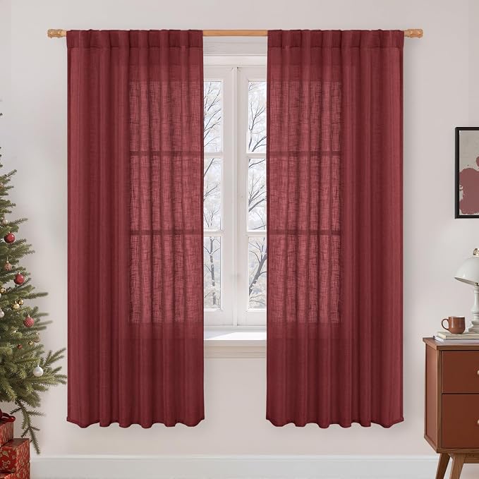 Burgundy Red 78 inch Sheer Linen Curtains by LAMIT