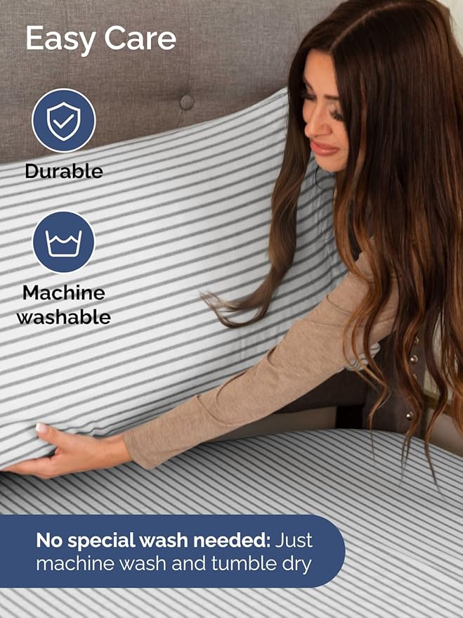 Extra Deep Queen Sheet Set - 6 Piece Breathable and Cooling Sheets - Hotel Luxury Bed Sheets Set - Easy Fit - Soft, Wrinkle Free and Comfy Sheets Set - Grey Striped Sheet Set with Extra Deep Pockets