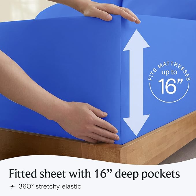 LuxClub 4 PC Sheet Set Bed Sheets Deep Pockets 16" Eco Friendly Wrinkle Free Cooling Machine Washable Hotel Bedding Silky Soft - Marine Blue Full