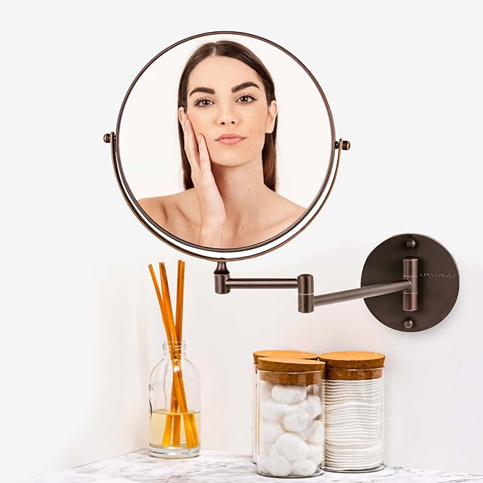 OVENTE 9" Wall Mounted Makeup Mirror with 1X/7X Magnification, Double Sided Magnifying Round Bathroom Vanity Mirror, 360° Swivel Design, Extendable and Folding Arm, Antique Bronze MNLFW90ABZ1X7X
