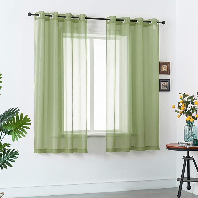 DUALIFE 54 Inch Length Sage Green Sheer Curtains for Kitchen Window 2 Panels Set Home Decoration Spring Window Treatments for Living Room Bathroom Dining Room St Patric Day Decor 52X54 Inhces Long