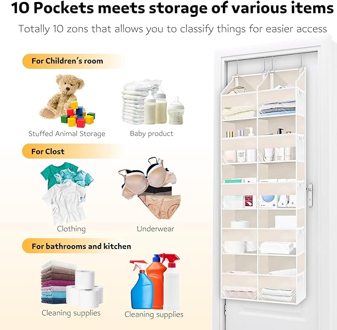 2 Pack Over the Door Organizer 5 Tiers, Extra Large Behind Door Storage of 10 Compartments, 80 lbs Weight Capacity Over Door Organizer, Door Hanging Organizer for Closet, Diaper Organizer, Beige