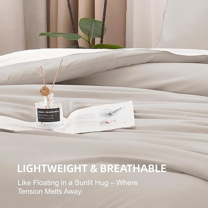 Litanika Linen Grey Comforter Set Queen Size, 3 Pieces Lightweight Solid Bedding Comforter Set, All Season Fluffy Bed Set (90x90In Comforter & 2 Pillowcases)