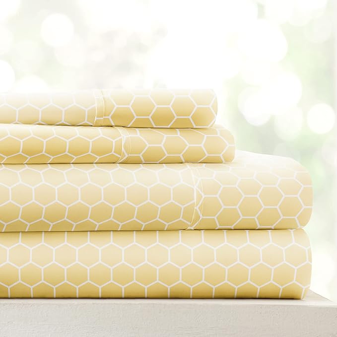 Linen Market Double-Brushed Patterned Microfiber Queen Sheet Set 4 Piece – Oeko-TEX Certified Ultra Soft & Wrinkle-Free - 16" Deep Pocket Sheets - Easy Care Queen Size - Honeycomb Yellow