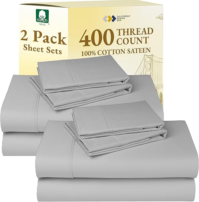 California Design Den 2-Pack King Sheet Set 400 Thread Count 100% Cotton Sateen - Extra Soft, Breathable & Cooling Sheets, Wrinkle Resistant, 2 Sets of Deep Pocket King Sheet Set Cotton - Light Grey
