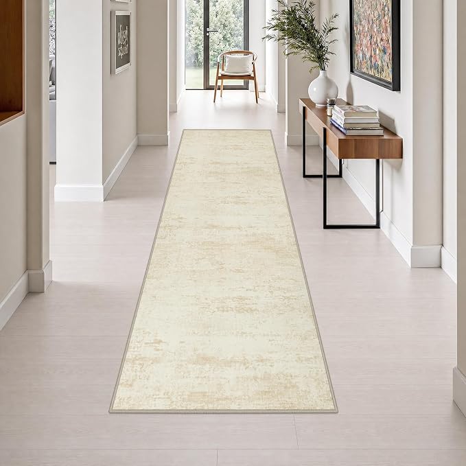 2.6x10 Washable Runner Rug:Modern Abstract Indoor Soft Carpet Beige | by FXRHLP