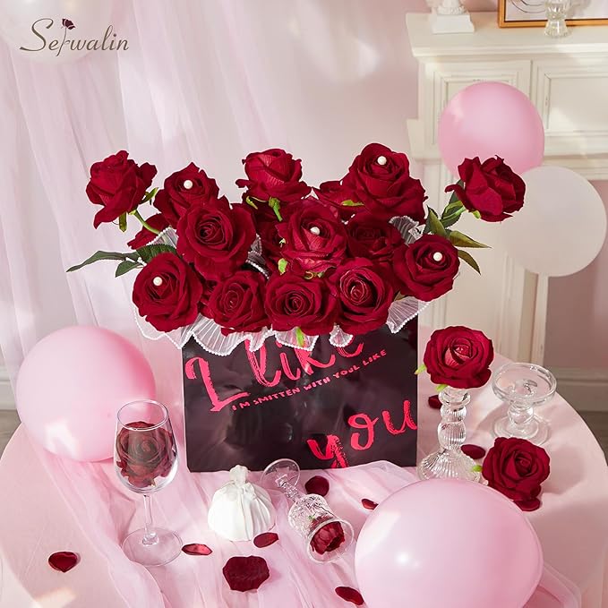 Serwalin 20pcs Red Roses Artificial Flowers, 4'' Big Velvet Flower Head Fake Roses, Realistic Silk Roses Bouquet Long Stems for Wedding Home Decor and Table Centerpiece