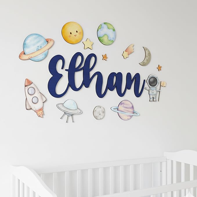 Custom Nursery Name Sign with Themed Decor Kit | Personalized Wooden Wall Art for Baby, Kids Room | Space, Jungle, Circus, Under the Sea, Woodland, Rainbow (50", Space)