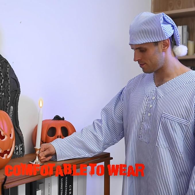 Toulite 4 Pcs Men's Pajama Set Includes Men's Nightshirt Night Sleeping Cap Candle Holder and Candle for Halloween Christmas(3x-large)