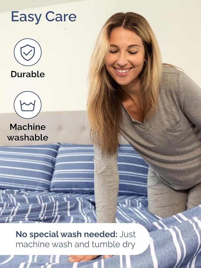 Extra Deep Full Sheet Set - 6 Piece Breathable and Cooling Sheets - Hotel Luxury Bed Sheets Set - Easy Fit - Soft, Wrinkle Free and Comfy Sheets Set - Blue Striped Sheet Set with Extra Deep Pockets
