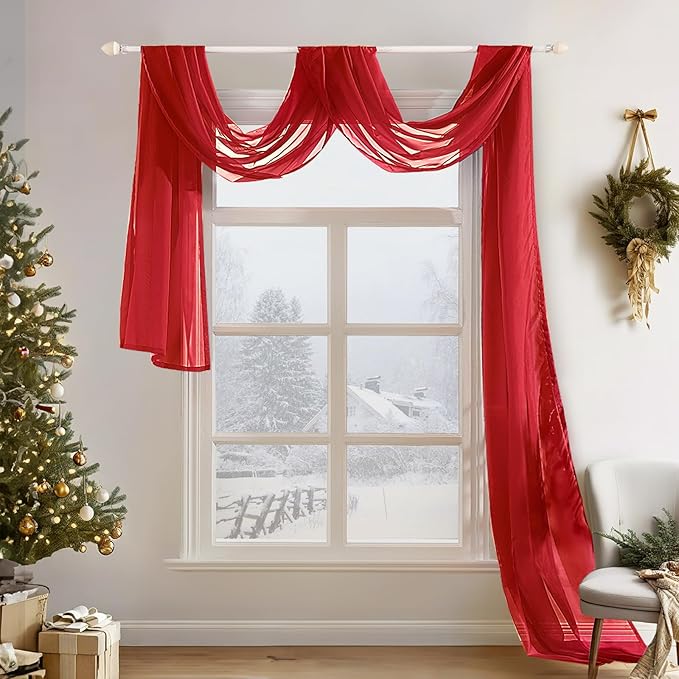 MIULEE Christmas Sheer Window Scarf Valance Extra Long Topper Elegant Swag Curtains Luxury Draping Fabric for Wedding Arch Party Ceremony Canopy Bed Living Room, 54'' x 216'', 1 Panel Red