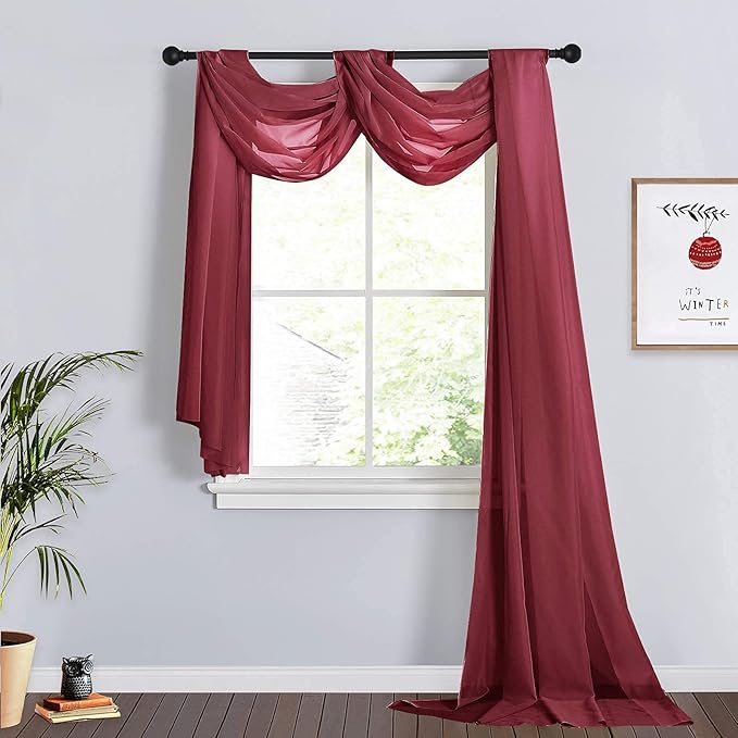 RYB HOME Sheer Valance for Window - Breezy Backdrop Curtains for Canopy Bed Stage Events Girls Bedroom Wedding Ceremoney Table Runner Outdoor Indoor Decor, 60 x 216 in per Panel, Burgundy