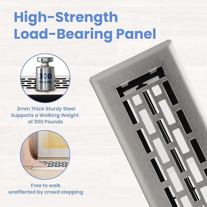 2x10 Inches 4 Pack Heavy Duty Walkable Floor Register - Easy Adjust Air Supply Lever Decorative Floor Vent Covers, Boston Design Vent Covers for Home - Satin Nickel