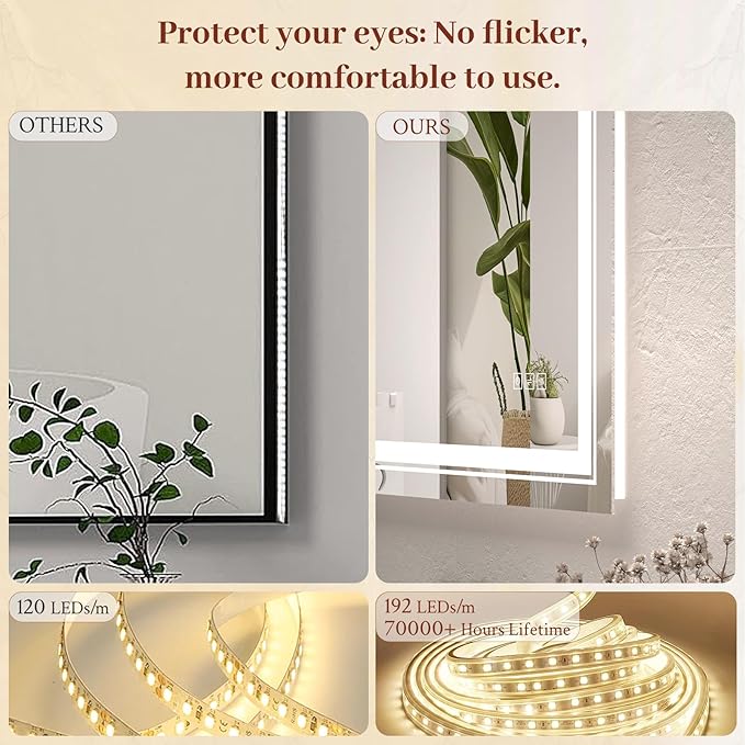 24x36 LED Mirror for Bathroom with Front and Backlit Light Up Digital Mirrors for Wall,Anti Fog,Stepless Dimmable,Tempered Silver Glass Smart Vanity Mirror for Bathroom