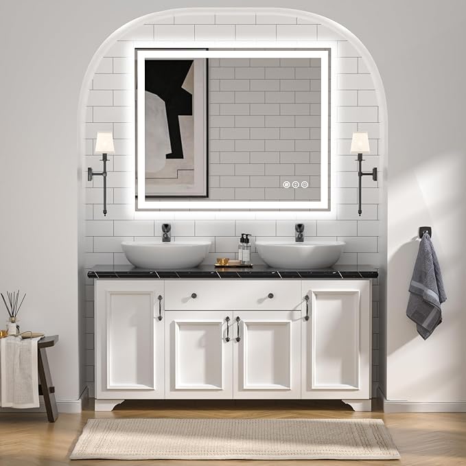 LED Bathroom Mirror, 48"X40" with Front and Backlit, Anti-Fog, Bathroom Vanity Mirror with Memory Function, Stepless Dimmable Lighted Bathroom Mirror, Tempered Glass (Horizontal/Vertical)