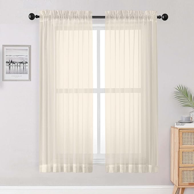 Cream Sheer Curtains 68 Inch Length 2 Panels Set by OWENIE