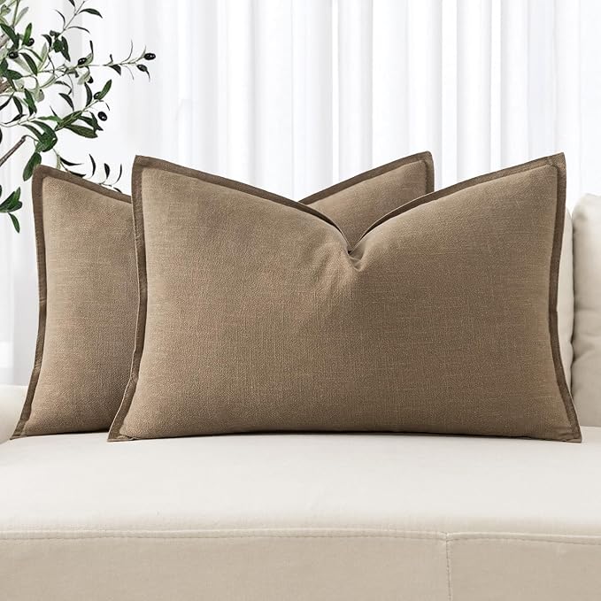 MIULEE Decorative Linen Lumbar Pillow Covers 12x20 Inch Khaki | Boho Farmhouse​ by MIULEE