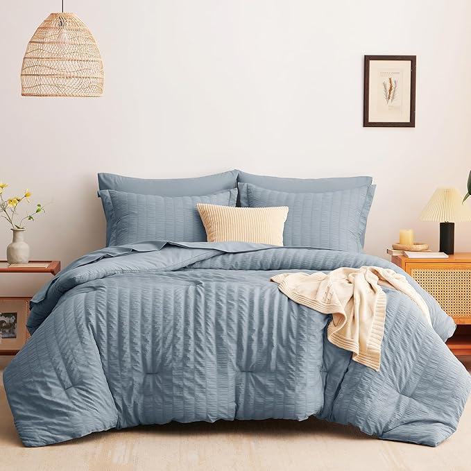 CozyLux Grayish Blue Full Size Comforter Sets with Sheets 7 Pieces, Dusty Blue Seersucker Bed in a Bag Textured Luxury Soft Bedding Set with Down Alternative Comforter, Sheets, Pillowcases & Shams