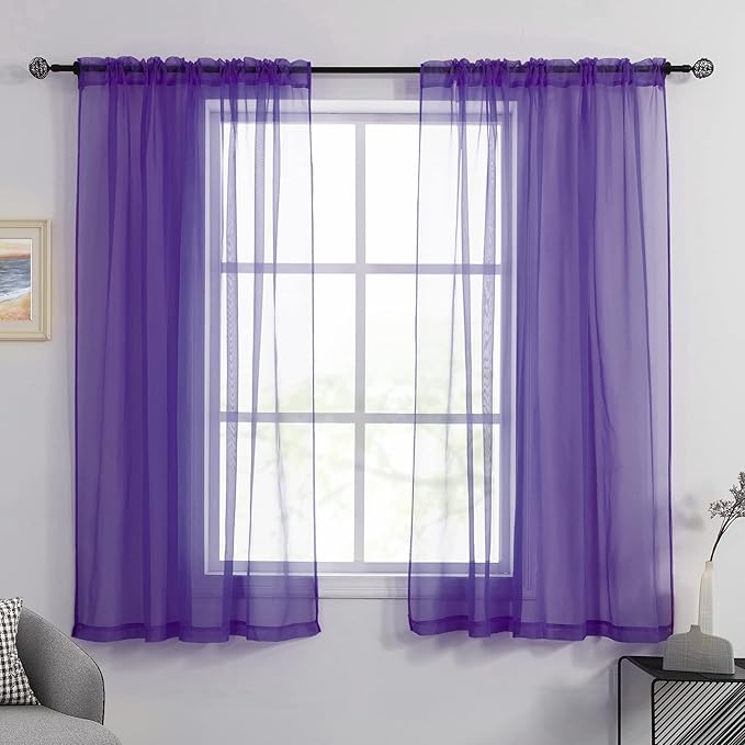 HUTO Purple Sheer Curtains 54 inches Long for Bedroom Top Rod Pocket Sheer Window Panels Curtains for Nursery Living Room 52 by 54 Inch Length Set of 2