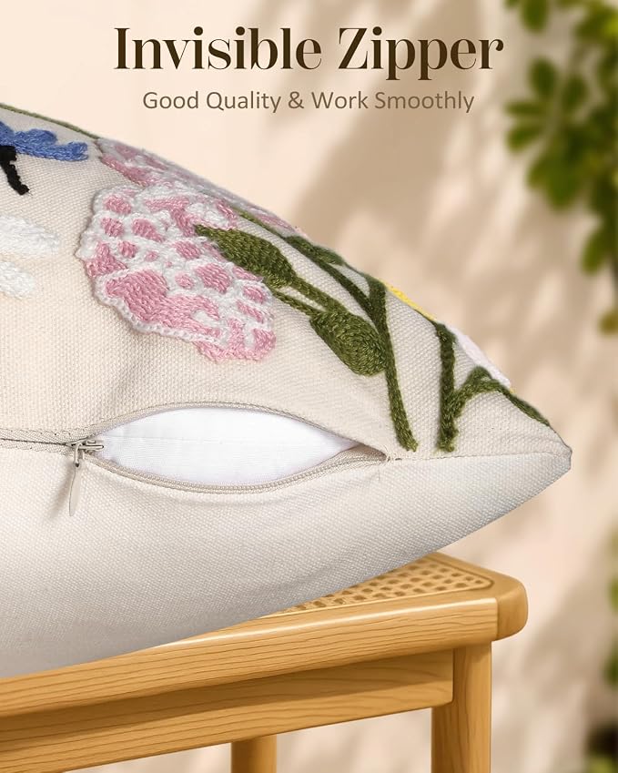 Embroidered Throw Pillow Covers 18x18 Inch, Retro Flower | Decorative Pillow - Image 3