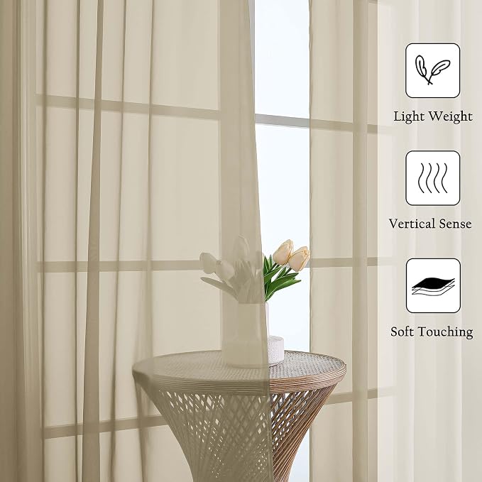 Taupe Sheer Curtains 120 Inches Long 2 Panels Set, Rod Pockets Light Filtering - Image 2