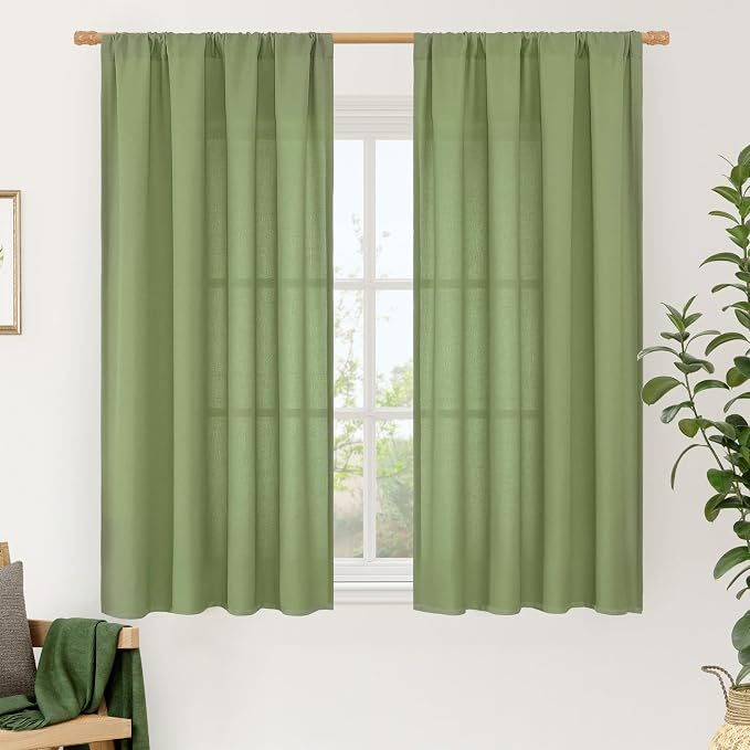 54 Inch Semi Sheer Green Linen Curtains by LAMIT