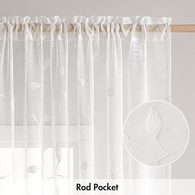 MIULEE White Sheer Curtains 2 Panels Embroidered Leaf Patterned, W52 x L96 | - Image 6