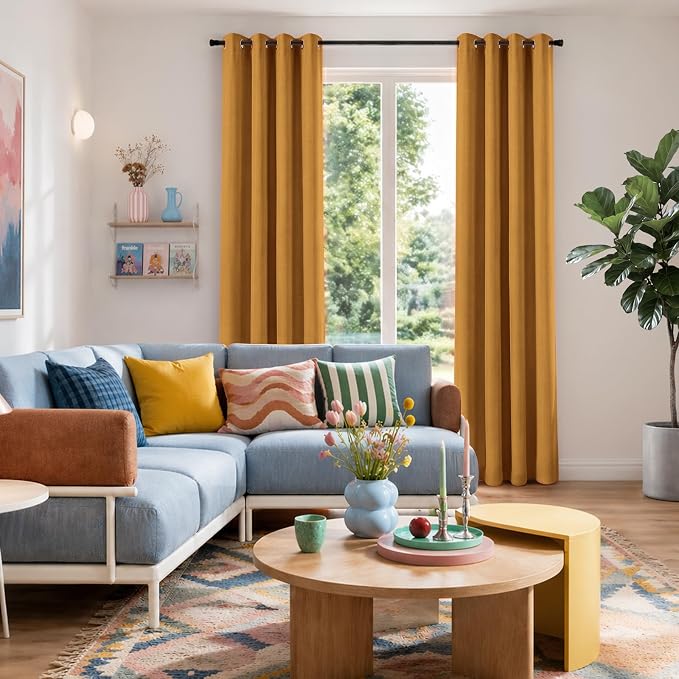 100% Blackout Linen Textured Curtains 84 Inch Long, Mustard Yellow | 100% - Image 2