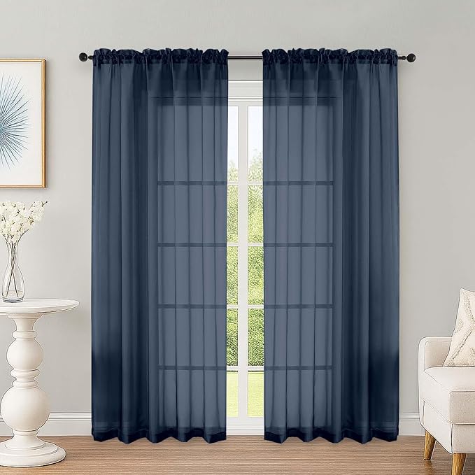 Navy Blue Sheer Curtains 72 Inches Long 2 Panels Set, Transparent Voile Sheer by OWENIE