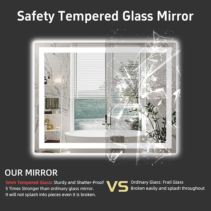 LED Bathroom Mirror, 48"X40" with Front and Backlit, Anti-Fog, Bathroom Vanity Mirror with Memory Function, Stepless Dimmable Lighted Bathroom Mirror, Tempered Glass (Horizontal/Vertical)