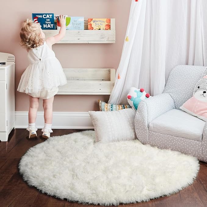 Amdrebio Cream Ivory White Small Round Fluffy Rug 3Ft - Image 3