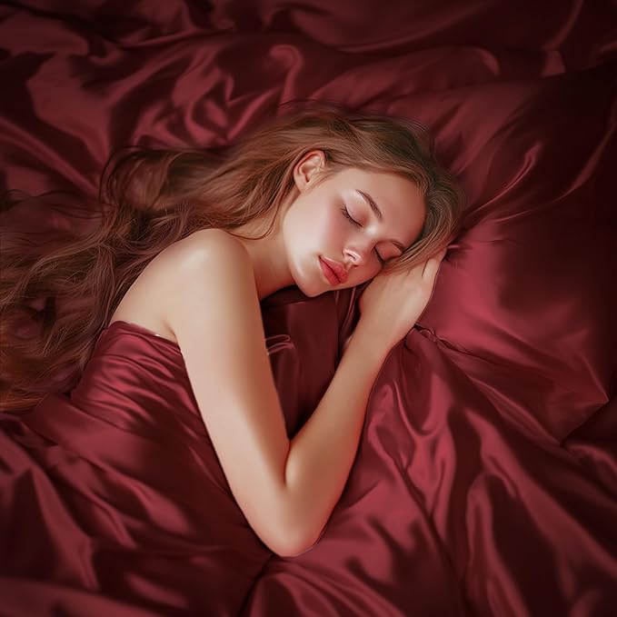 Love's cabin Full Size Satin Sheet Sets - 4 Piece Burgundy Silky Satin Sheet Set Full with Deep Pocket, Luxury Silk Feel Satin Bed Sheets Full Bedding Set (1 Flat Sheet,1 Fitted Sheet,2 Pillow Cases)