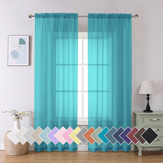 Aiyufeng Turquoise Sheer Curtains 84 Inches Long 2 Panels Set, Light Filtering Soft Airy Voile Rod Pocket Turquoise Sheer Window Drapes for Bedroom Living Room, Each 40Wx84L Inches