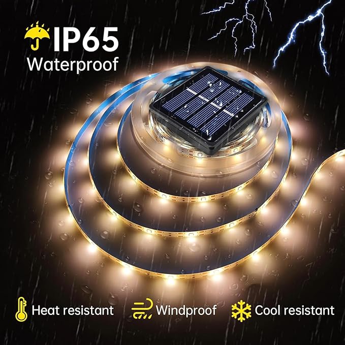 Solar LED Strip Lights Outdoor Solar Powered Rope Light Waterproof 10FT Cuttable Tape Lighting with 8 Modes for Christmas, Fence, Outside, Stair, Step, Yard, Pool, Camping, Party, 1 Pack