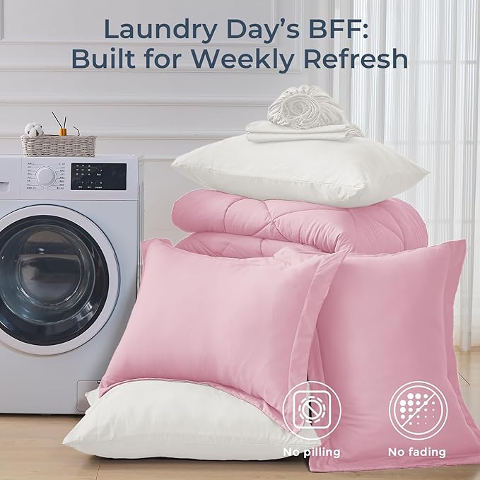 HEVUMYI King Comforter Set - 7-Piece All Season Bed in a Bag King, Ultra Soft Bedding Set with Comforter, Flat Sheet, Fitted Sheet, Pillowcases, Pillow Shams, Pink & Ivory