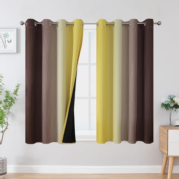 Brown and Yellow Blackout Curtains 52Wx45L Inch 2 Panels | Thermal Insulated by ESTELARTEXTILER