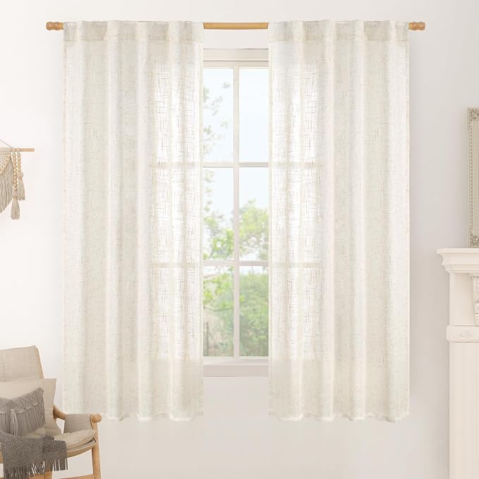 60 Inch Length Window Linen Curtains, Light Filtering Sheer Panels | Semi Sheer by LAMIT