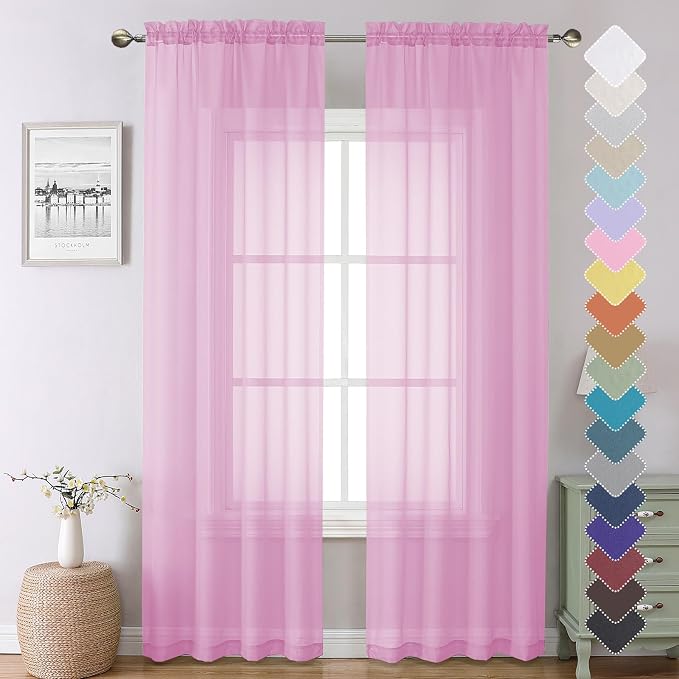 Light Pink Sheer Curtains 90 Inches Long 2 Panels, Farmhouse Voile Living Room by Lecloud