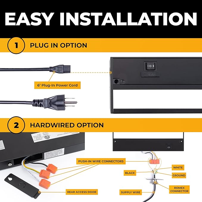 LED Under Cabinet Lighting Hardwired - 3CCT 18 Inch Black Finish - Undercabinet Lights for Kitchen - Linkable Undercounter Dimmable Plug in Light or Hard Wired - Under Counter Fixture Direct Wire