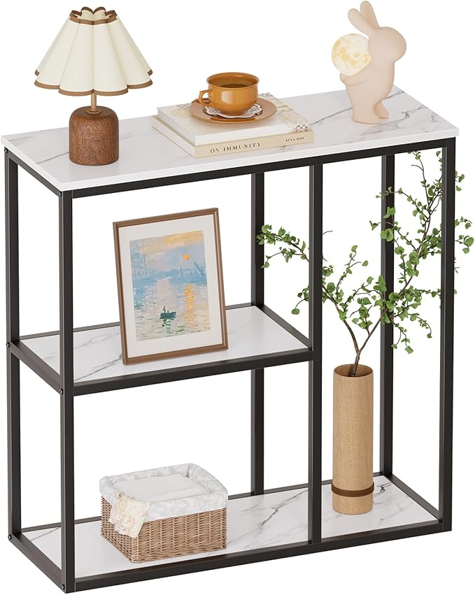 WOHOMO Console Table, 12 Inch Narrow Entryway Table for Living Room, 31.5 Inch Modern Industrial Sofa Table with 3-Tier Storage Shelves for Corridor, Hallway, White Marble