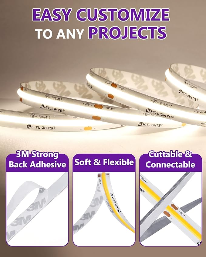 HitLights COB LED Strip Lights Neutral White 4000K,16.4ft Premium High Density 24V Tape Light, 2560LEDs, 350+ LM/FT, CRI 90+, IP30, Lighting for Kitchen, Cabinets, UL Listed(Power Source Not Included)
