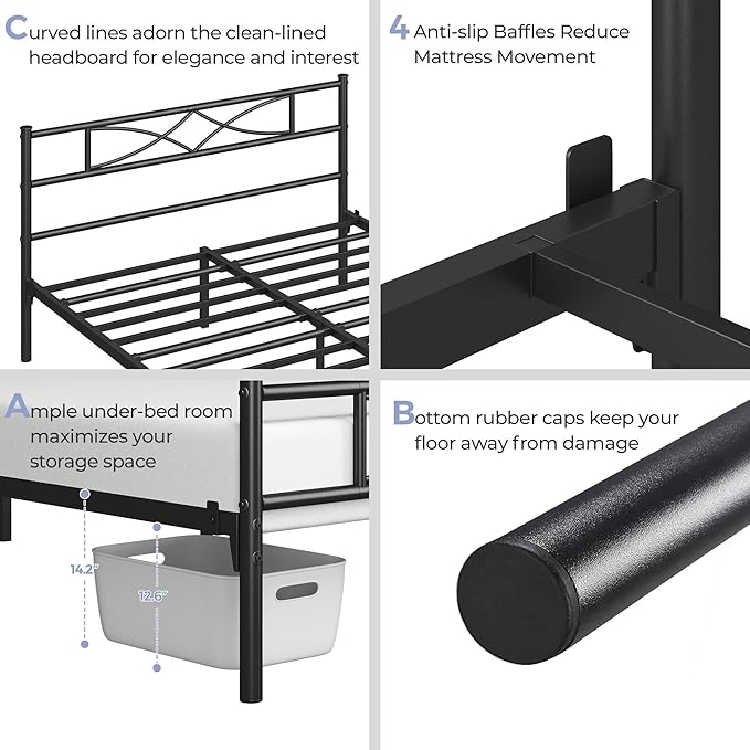 Yaheetech Metal Queen Platform Bed Frames Mattress Foundation with Storage/Curved Design Headboard/NO Box Spring Needed/Heavy-Duty Support/Easy Assembly, Queen, Black