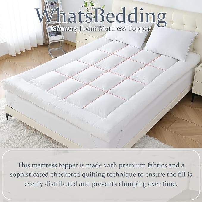 WhatsBedding 5 Inch Memory Foam Mattress Topper King for Pressure Relief, 100% Cotton Cover, Comfort Supportive Pillow Top Mattress Topper, 2000GSM Fluffy Shredded Memory Foam Filled