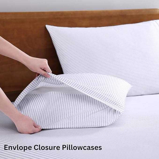 LANE LINEN 100% Organic Cotton Printed King Size Sheets Set, Soft & Comfy Fully Elasticized Percale Low Pilling Machine Washable All Season Printed Oeko-Tex Cotton King Sheets- Ticking Stripe
