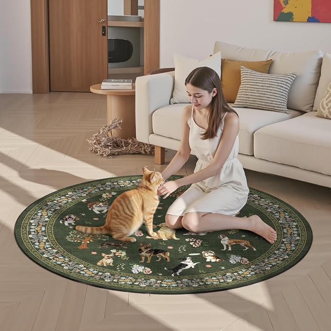 4Ft Round Dogs Area Rug for Living Room Bedroom | Stain Resistant; Non Slip; by WelcometoBabovid