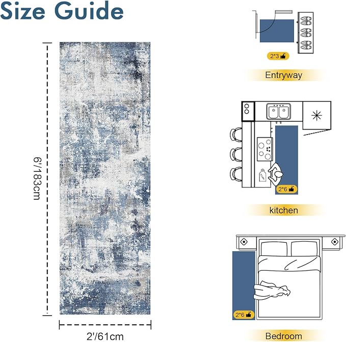 2x6 Ft Washable Runner Rug, Non-Slip Low Pile Hallway Kitchen Area Rug - Image 2