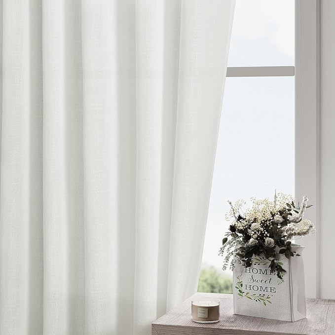 Off White Linen Blend Semi Sheer Curtains 86 Inches Long 2 Panel Set Pocket - Image 2