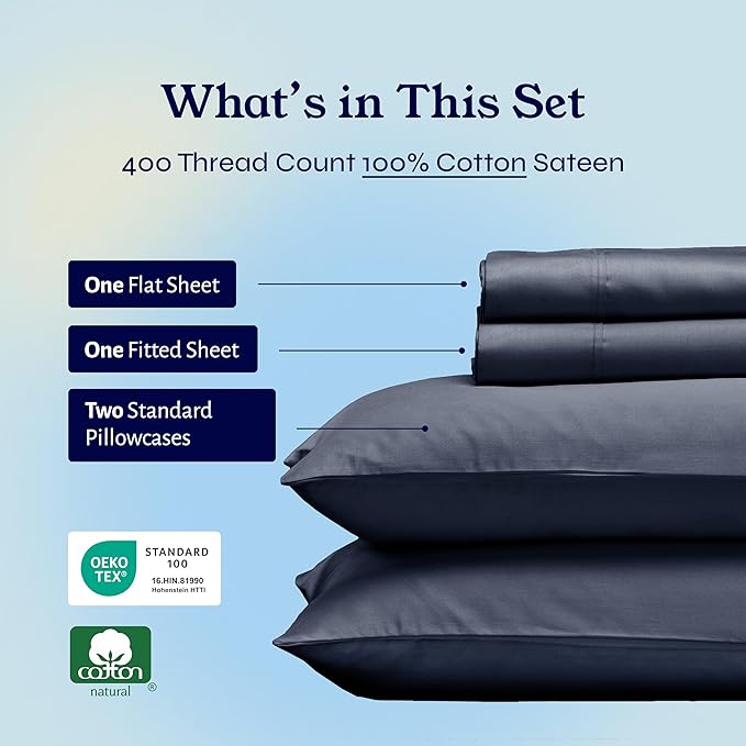 California Design Den Natural 100% Cotton Sheets, Full Size Sheets Set, 400 Thread Count Sateen Bedding, Deep Pockets for a Snug Fit, Durable & Breathable - Indigo Dusty Blue