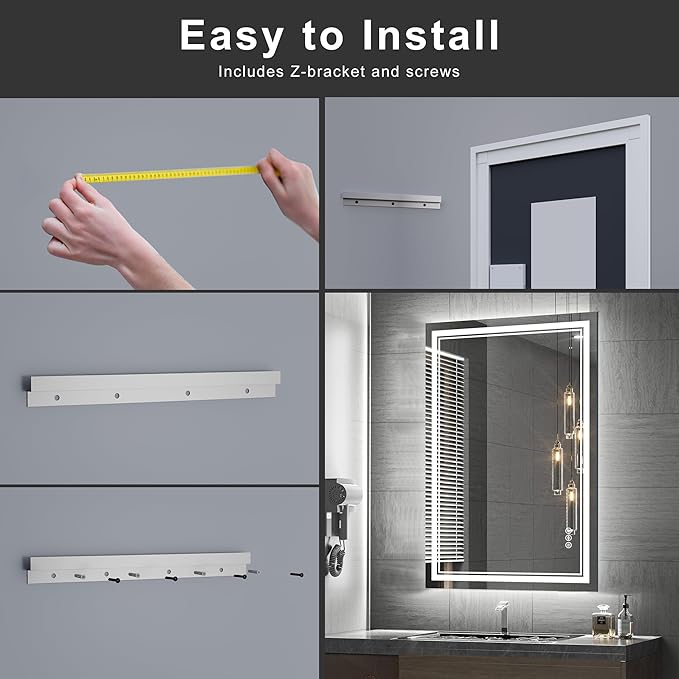 36''x24'' Lighted Mirrors for Bathroom Wall Backlit + Front Lit, Rectangular LED Bathroom Mirror Frameless with Lights Anti Fog, Dimmable, 3 Colors,Tempered Glass, Shatter-Proof (Color 1,)